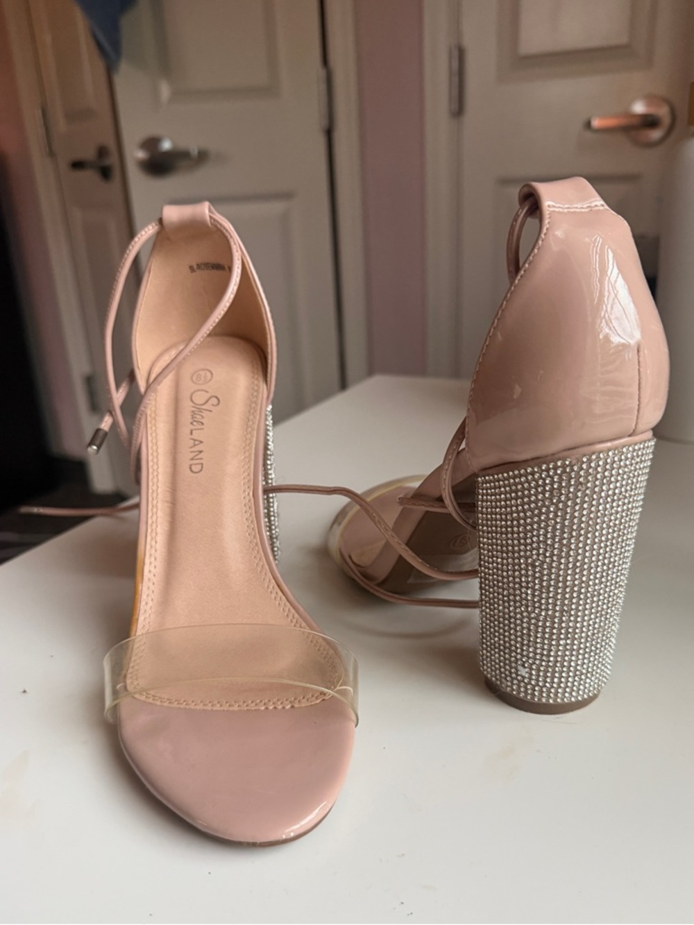 Nude, lace up, sparkly heel
